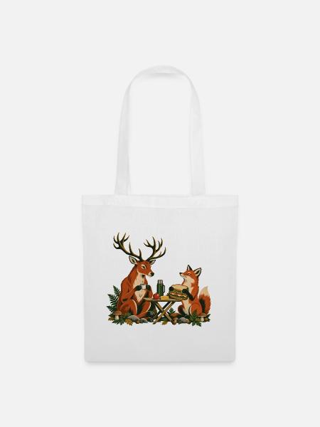 Rotwild und Fuchs beim Waldfrühstück - Stoffbeutel - Weiß
