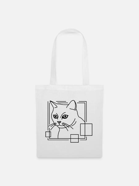 Katze in geometrischer Form - Line-Art-Design - Stoffbeutel - Weiß