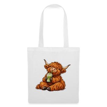 Highland Cattle mit Matcha Latte – Kuhmotiv - Stoffbeutel - Weiß - Vorne