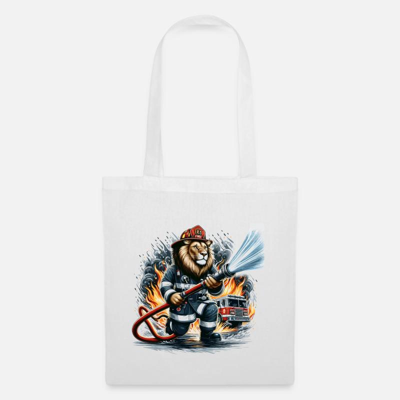 Feuerwehrauto Löwe Geschenk - Stoffbeutel - Weiß