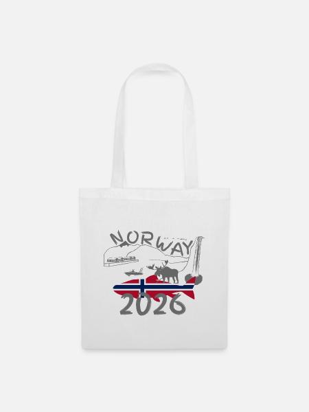 Norwegen 2026 Lachs mit Bergen und Elch Angeln - Stoffbeutel - Weiß