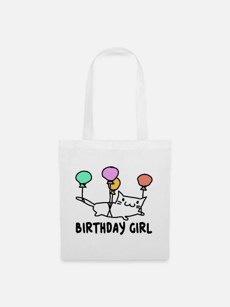 Katze mit Ballons Birthday Girl Geschenk - Stoffbeutel - Weiß