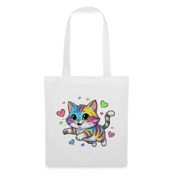 Regenbogenkatze mit Herzen - Stoffbeutel - Weiß - Vorne