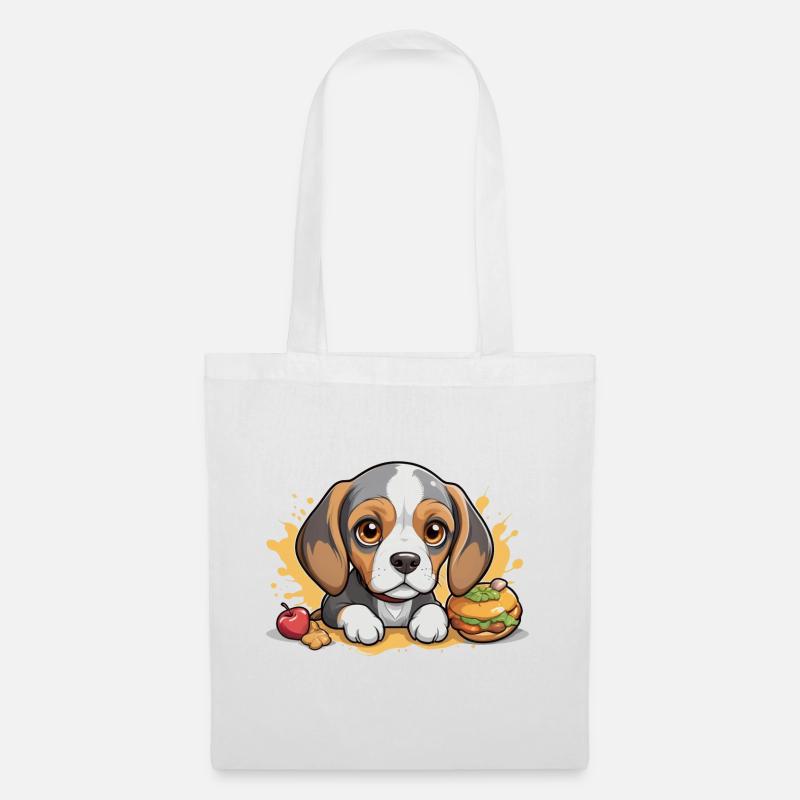 Kleiner Beagle Welpe mit Apfel und Burger - Stoffbeutel - Weiß