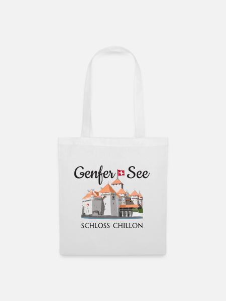 Genfersee Schloss Chillon, Schweiz Handzeichnung - Stoffbeutel - Weiß
