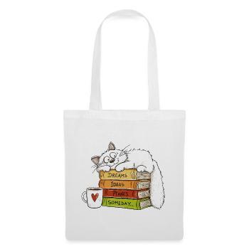 Katze Kaffee Bücher Dreams Ideas Plans Someday Hum - Stoffbeutel - Weiß - Vorne