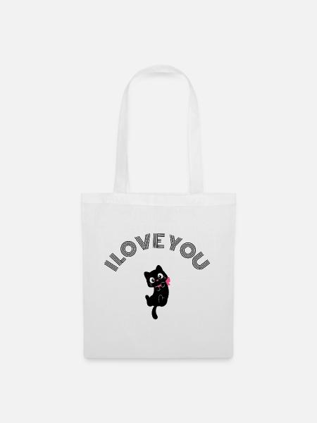 Süße schwarze Katze Ich liebe dich Retro Rosa Schleife Valentin - Stoffbeutel - Weiß