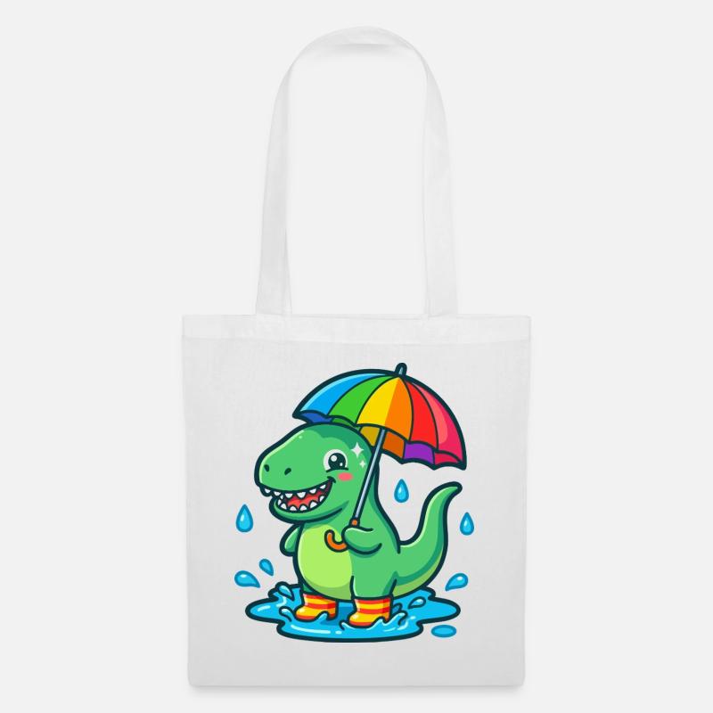 Dino mit buntem Regenbogenschirm - Stoffbeutel - Weiß