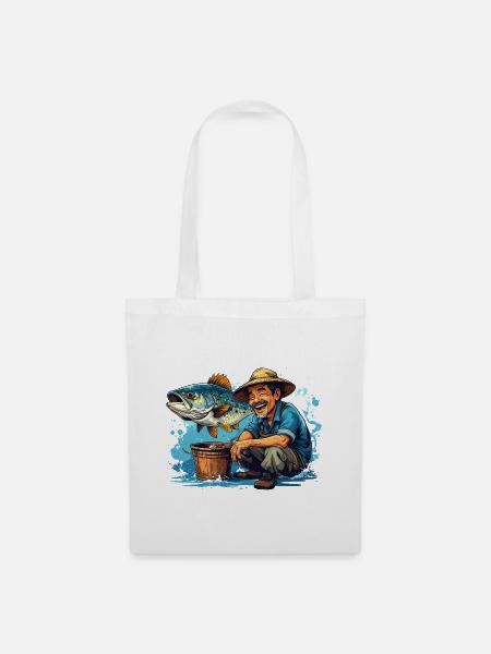 Fröhlicher Fischer und Riesenfisch - Stoffbeutel - Weiß
