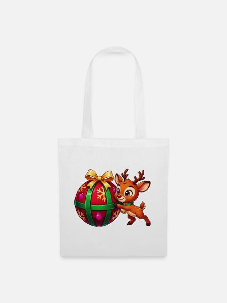 Rentiere und Weihnachtsschmuck - Stoffbeutel - Weiß