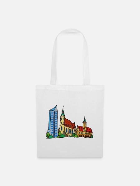 Bunte Leipziger Skyline im Kinderstil - Stoffbeutel - Weiß