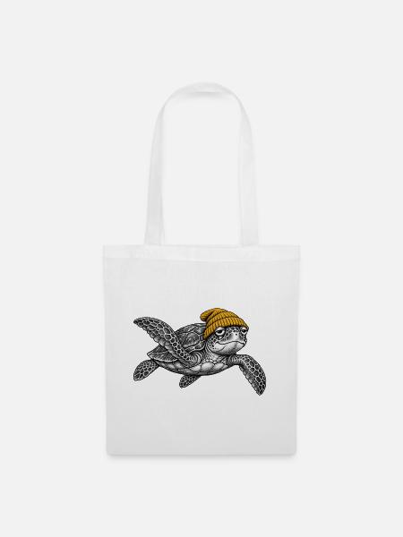 Schildkröte in Strickmütze - Stoffbeutel - Weiß