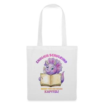 Endlich Schulkind Aquarell Dino mit Buch - lila - Stoffbeutel - Weiß - Vorne