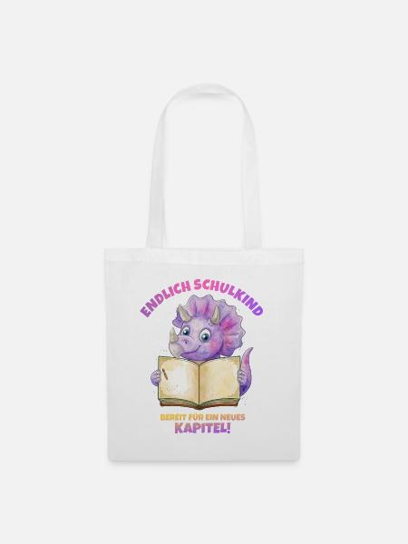 Endlich Schulkind Aquarell Dino mit Buch - lila - Stoffbeutel - Weiß