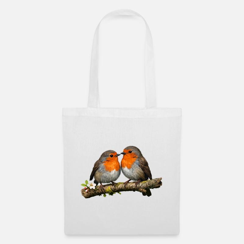 Duo Red Robin auf Ast - Stoffbeutel - Weiß