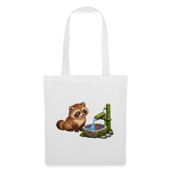 Tanuki am japanischen Bambus-Wasserspiel - Stoffbeutel - Weiß - Vorne