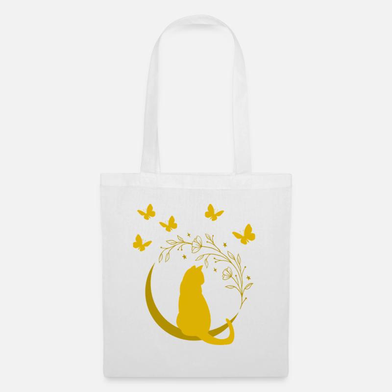 Chat de lune dorée avec vigne à fleurs - Sac en tissu - blanc