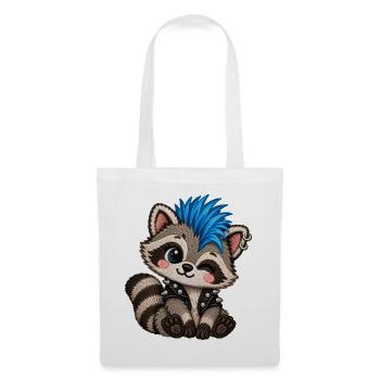 Punk Waschbär mit blauem Iro – Stickmotiv Optik - Stoffbeutel - Weiß - Vorne