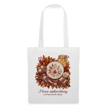 Herbstliche Stickerei mit Garn sticken Gesticktes  - Stoffbeutel - Weiß - Vorne