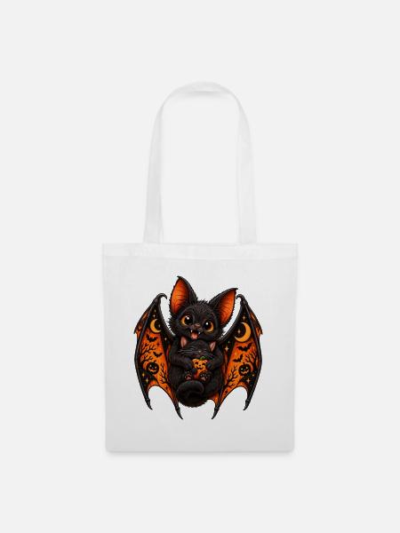 Süße Fledermaus & schwarze Katze – Halloween - Stoffbeutel - Weiß