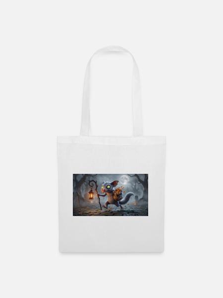 Funny Fluffy Halloween Creature Carrying Lantern a - Stoffbeutel - Weiß