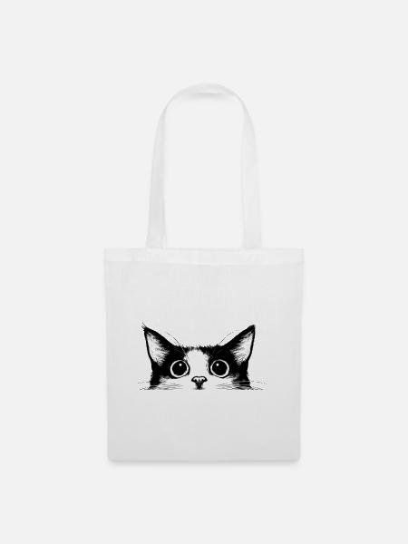 Katze Katzenkopf Schwarz Weiß Gezeichnet Cartoon - Stoffbeutel - Weiß