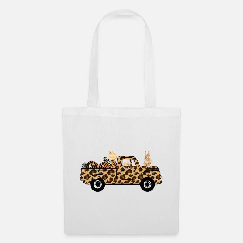 Niedlicher Hase mit Eier und Auto Leoparden-Muster - Stoffbeutel - Weiß