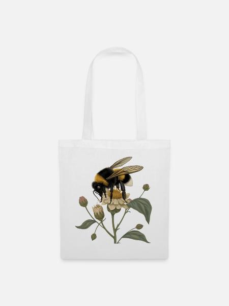 Hummel auf Blüte – Botanisches Vintage Motiv - Stoffbeutel - Weiß