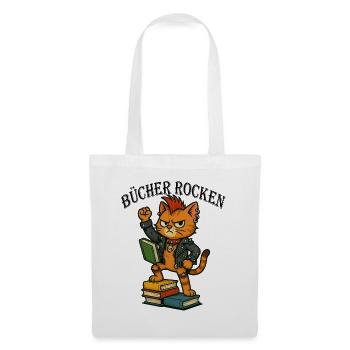 Punk-Katze: Bücher rocken! - Stoffbeutel - Weiß - Vorne