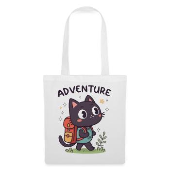Abenteuerlustige schwarze Katze mit Rucksack - Stoffbeutel - Weiß - Vorne