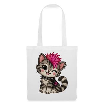 Punk Katze mit pinkem Iro – Stickmotiv Optik - Stoffbeutel - Weiß - Vorne