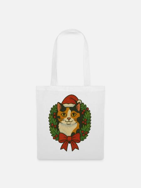 Kalikokatze im Weihnachtskranz - Stoffbeutel - Weiß