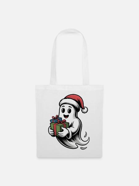 Weihnachtsgeist mit Geschenk - Stoffbeutel - Weiß
