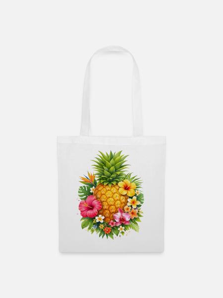 Tropische Ananas mit Blumen - Stoffbeutel - Weiß
