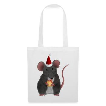 Weihnachtsratte mit Geschenk - Ohne Text - Stoffbeutel - Weiß - Vorne