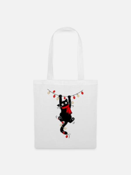 Katze mit Lichterkette – Christmas Vibes - Stoffbeutel - Weiß
