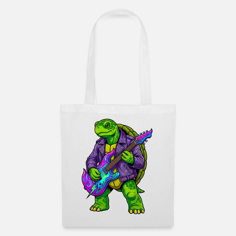 Schildkröte mit Jacke und Neon E-Gitarre - Stoffbeutel - Weiß