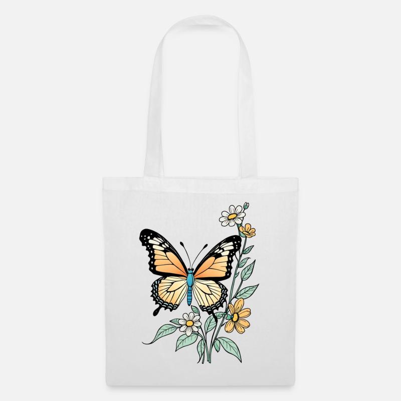 Schmetterling mit Blumen, Butterfly - Stoffbeutel - Weiß
