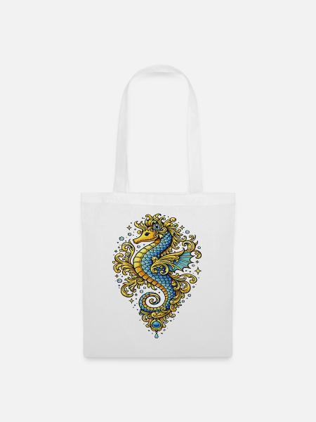 Blau-Gold-Barock-Seepferdchen – Marine-Illustration - Stoffbeutel - Weiß