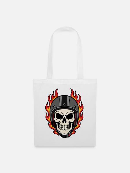 Flammender Totenkopf mit Motorradhelm - Stoffbeutel - Weiß