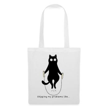 Seilspringende Katze – Lustiges Fitnessmotiv - Stoffbeutel - Weiß - Vorne