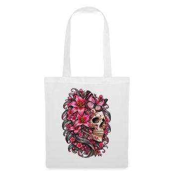 Totenkopffrau, Schädel, Schmetterlingsblüten, rosa Lilien - Stoffbeutel - Weiß - Vorne