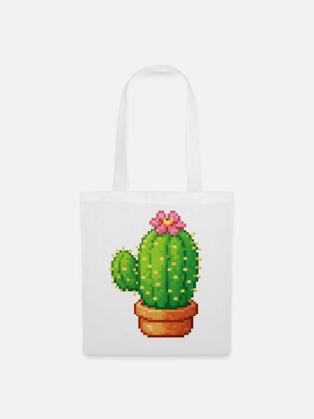 Pixelkaktus mit Blüte - Stoffbeutel - Weiß