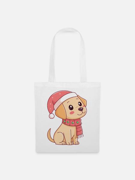 Festlicher Welpe mit Weihnachtshut - Stoffbeutel - Weiß