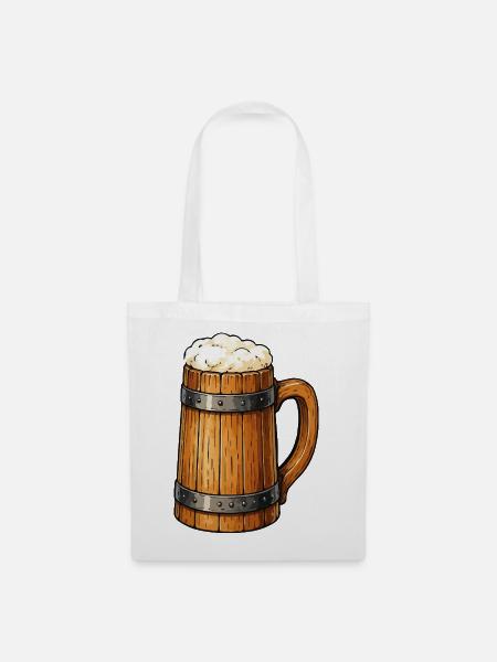 Bierfass Krug Holzdesign - Stoffbeutel - Weiß