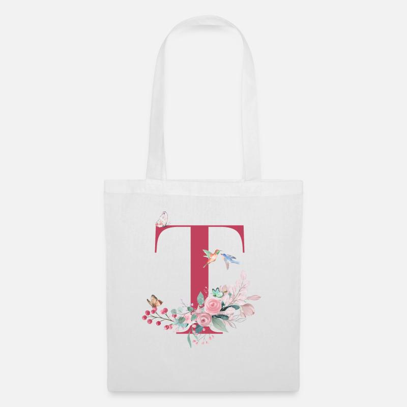 Buchstabe t floral - Geschenkidee - Stoffbeutel - Weiß
