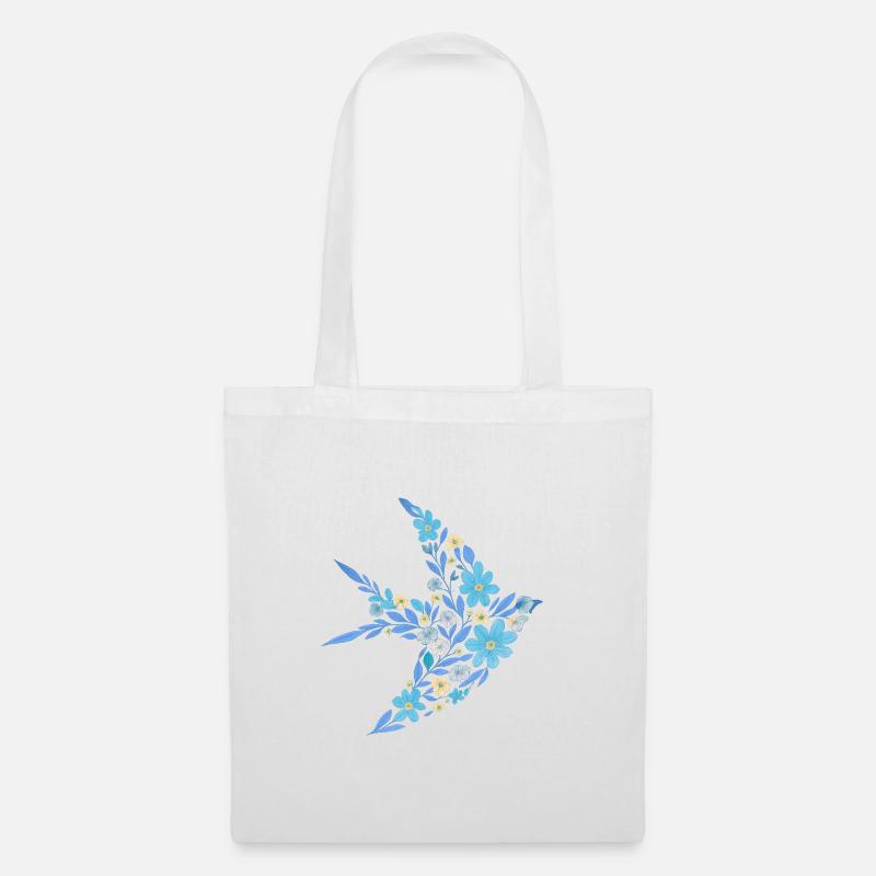 Nordisch Floral - Hellblauer Vogel - Stoffbeutel - Weiß