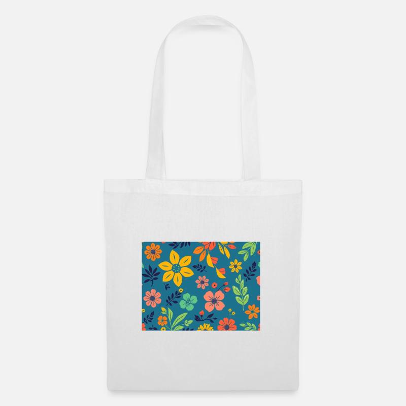 Blumenmuster im Retro-Stil auf Dunkelblau - Stoffbeutel - Weiß