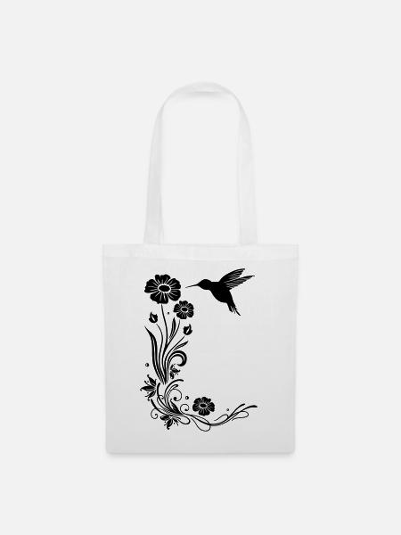 Kolibri mit Blumen und floraler Ranke - Stoffbeutel - Weiß