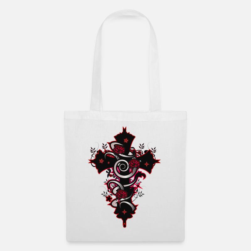rot schwarzes Gothic Kreuz mit floralen Elementen - Stoffbeutel - Weiß
